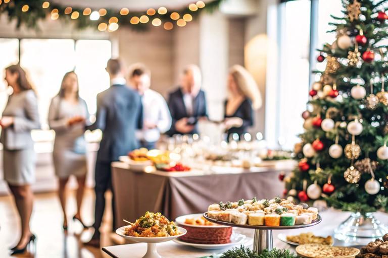 Weihnachtlich geschmücktes Büro mit festlichem Buffet. Im Hintergrund unterhalten sich Mitarbeitende.